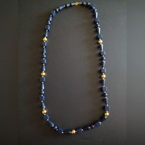 Vintage Trifari Navy Bead and Gold Ball Long Necklace